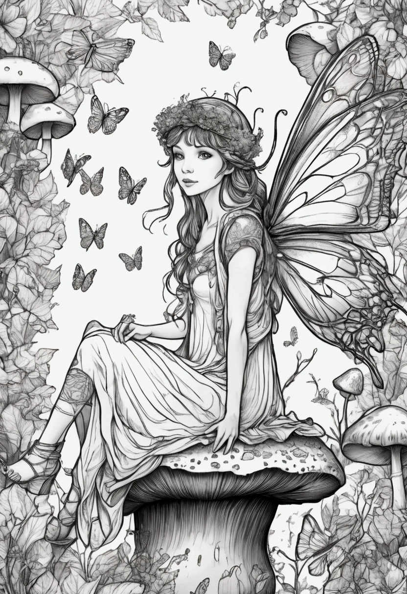 A delicate fairy with fairy wings resting on a giant mushroom, clean line art, white background, colouring page, clean outline, sketch style, floral frame, decorative panel, abstract ,sketch, character lines and scenes without colors and shadows. (Masterpiece, Best Quality, Highres:1.4), Detailed, Intricate Details, 4K, color splashes, line art