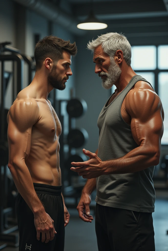 Skinny guy getting advice by old trainer in the gym