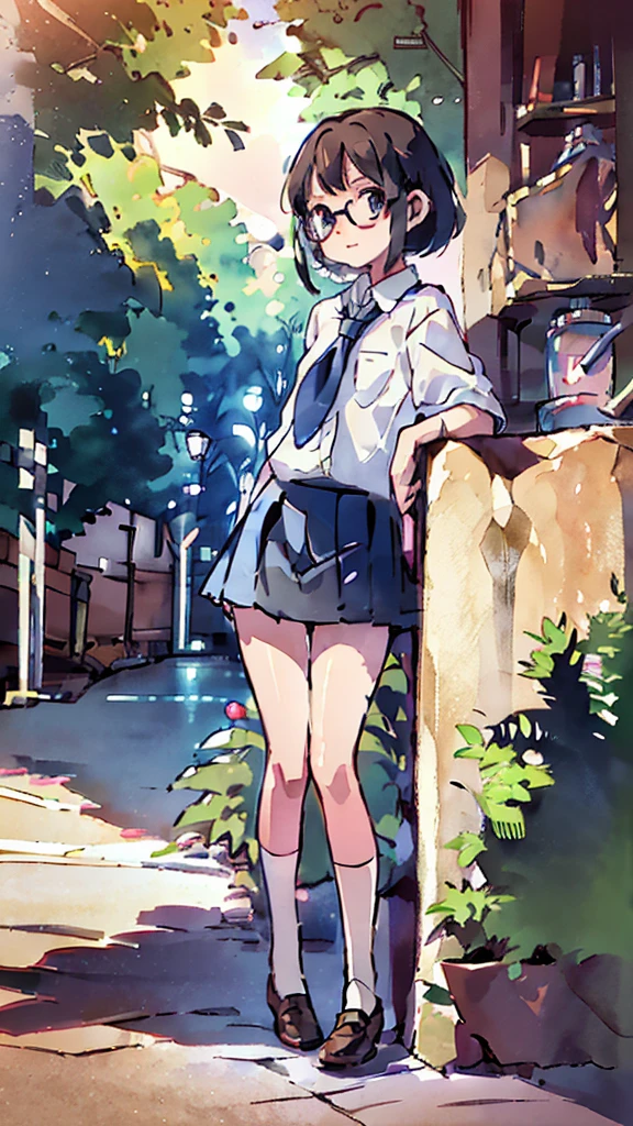 moon，Blue light、Night、a beautiful detailed schoolgirl with short brown hair and red-framed glasses, wearing a white blouse and navy skirt, her white panties visible, navy socks and brown loafers, in a state of arousal and trembling with sexual climax, simple illustration style, in a nichijou (everyday life) setting, (best quality,4k,hdr,masterpiece:1.2),ultra-detailed,(realistic,photorealistic,photo-realistic:1.37),extremely detailed eyes and face,longeyelashes,vivid colors