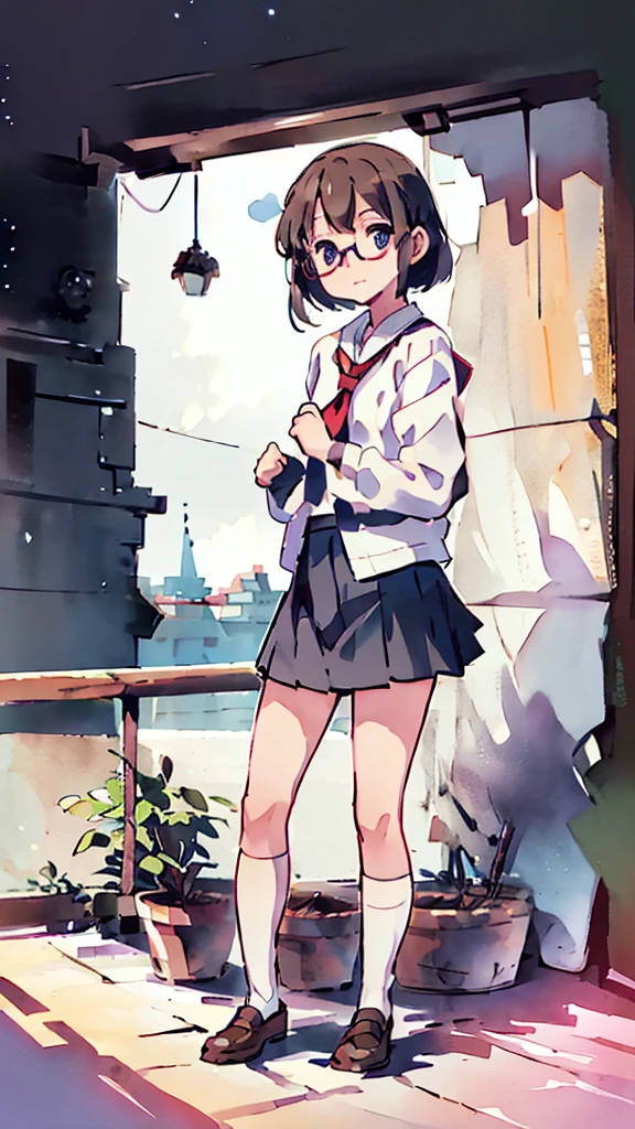 moon,Blue light、Night、a beautiful detailed schoolgirl with short brown hair and red-framed glasses, wearing a white blouse and navy skirt, her white panties visible, navy socks and brown loafers, in a state of arousal and trembling with sexual climax, simple illustration style, in a nichijou (everyday life) setting, (best quality,4k,hdr,masterpiece:1.2),ultra-detailed,(realistic,photorealistic,photo-realistic:1.37),extremely detailed eyes and face,longeyelashes,vivid colors