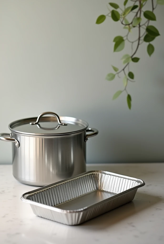 A pot and an aluminum pan in horizontal format