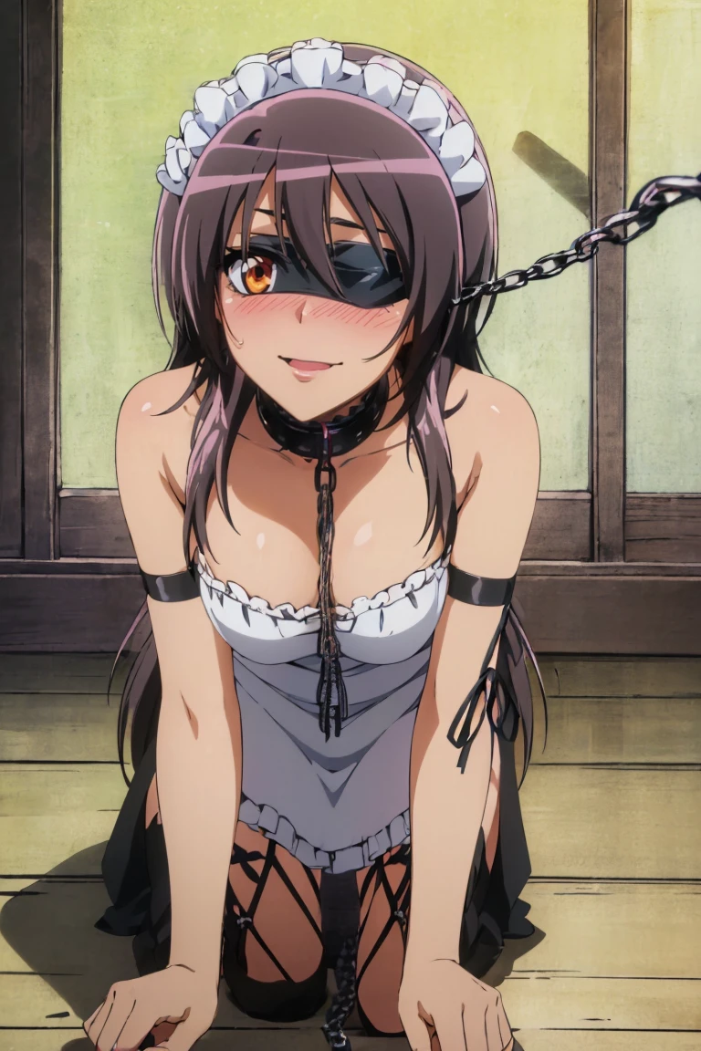maid headdress, (Very detailed CG ユニティ 4k 壁紙),(masterpiece),(Highest quality),(Very detailed),(Best illustrations),(Best Shadow),(Absurd),(Detailed Background), Misaki Ayuzawa, One girl, alone, Maid clothes, Day, Black Hair, Long Hair (((nlack blindfold))), (((Chain Lead、Animal Collars, chain leash, collar, viewer holding leash, animal collar connected chain leash, On all fours, Put your hands together, A chain connected together))), (((open mouth, tongue out, stick out tongue, long tongue, full face blush, sexual ecstasy smile, fucked silly, vulgarity))), perfect female body, medium breasts,