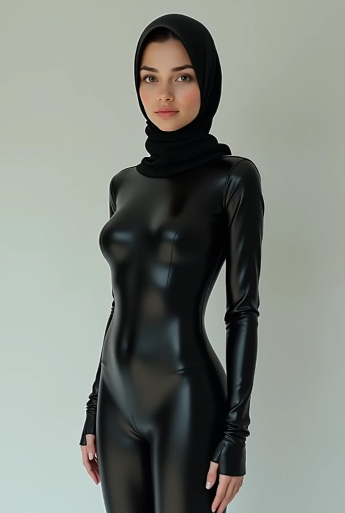 A girl wearing hijab . Innocent face. Long leg. Wearing full body black latex suit. High quality. High resolution