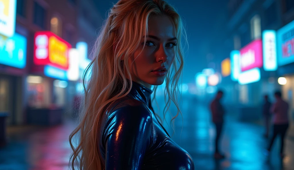 ((best quality)), ((masterpiece)), (detailed), ((background Cyber)), wet look, ((blond long Hair)), ((Intricate detailing, in the night time, Contre-Jour, random neon color, View from afar, random pose, blue latex bodysuit, face focus, hell picture, light face, big boobs)), (face brightly lit), ((full body view)), 8k