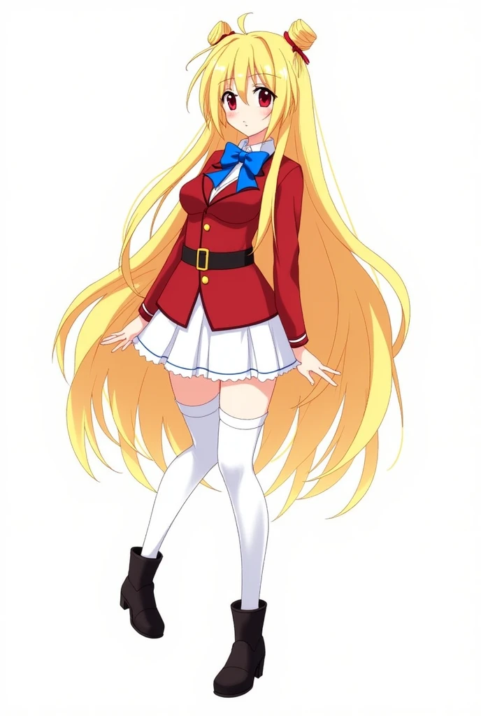 terakomari, blonde hair, bangs, hair between eyes, hair intakes, red eyes, very long hair, hair bun, small breasts, hair bow, thighhighs, white thighhighs, bow, garter straps, boots, blue bow, black footwear, belt,skirt, bowtie, long sleeves, blue bowtie, red jacket, zettai ryouiki, white skirt, cone hair bun,