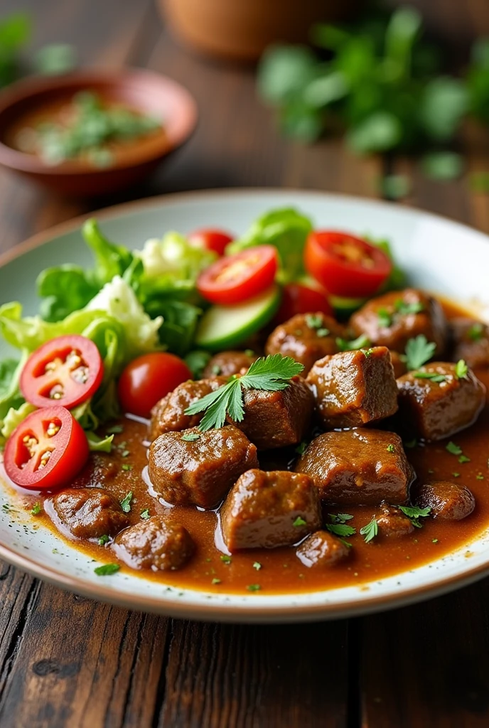 Need a photo of mutton gravy and salad placed in a plate ready for serving