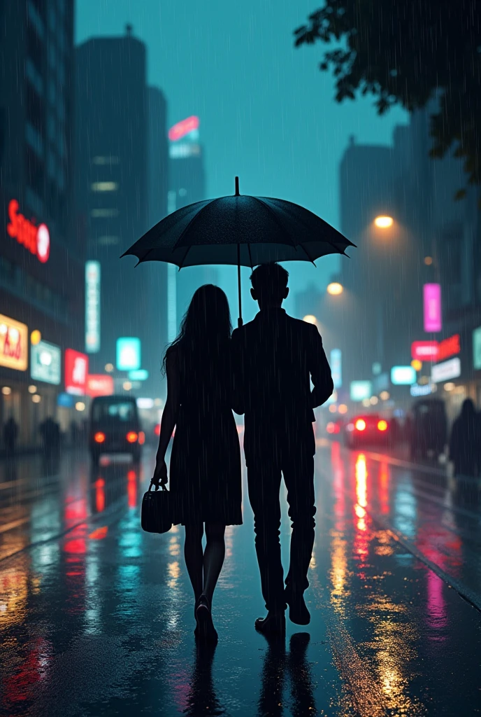 Generate an image with mumbai city light rainy scene with couple shadow holding umbrella and rainy streets reflection walking on road