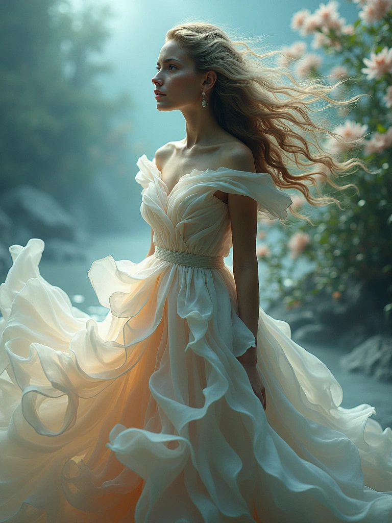 1girl,Petal skirt,A long dress hem resembling smoke,Petal pattern,long hair in the wind,Advanced sense,fashion,
still photography, looping video, mesmerizing movement, captivating visuals, seamless blend, engaging storytelling, Vorticism, angular forms, dynamic movement, bold geometry, fragmented shapes, striking contrasts, modernist influence, nature, history, modern art, amazing, unreal background, art by (Alessio Albi:1.1),
soft lighting, Happy emotions,(close up, face focus), (fractal art) extremely detailed,the most beautiful form of chaos, elegant, a brutalist designed, vivid colours, romanticism,details in the dark,