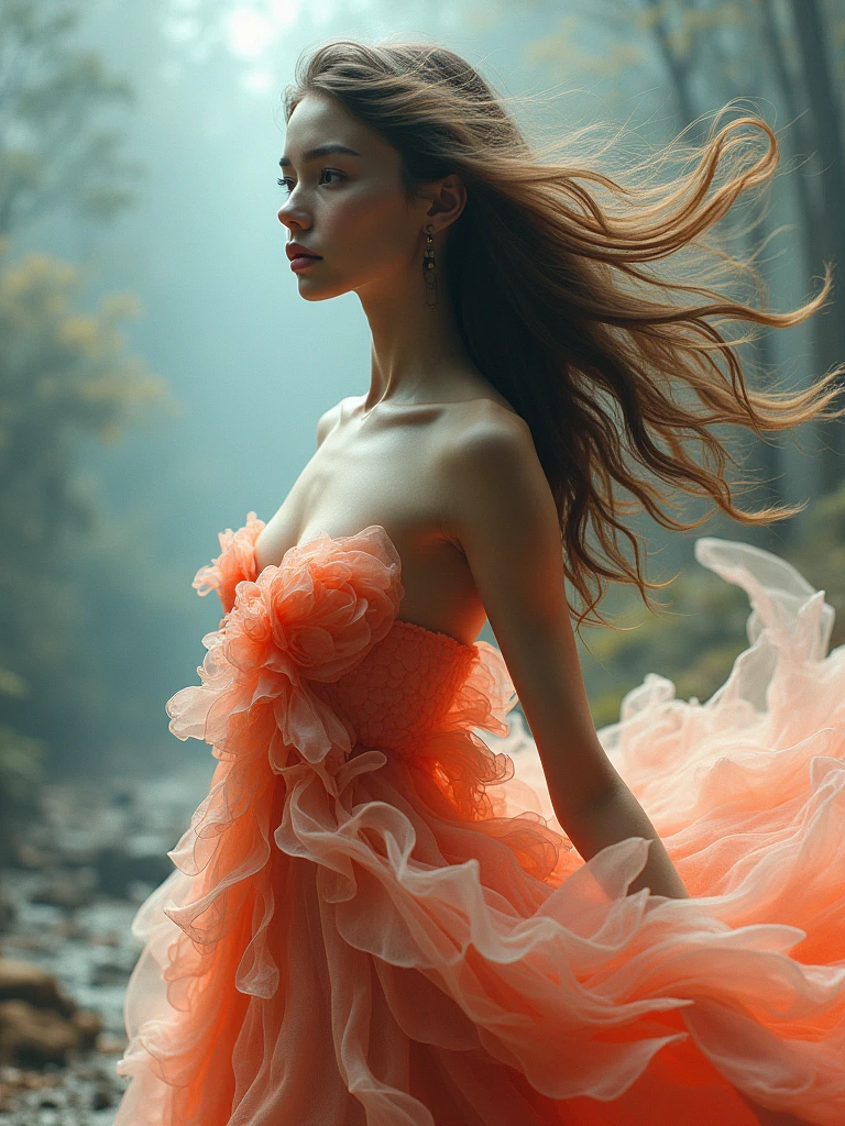 1girl,Petal skirt,A long dress hem resembling smoke,Petal pattern,long hair in the wind,Advanced sense,fashion,
still photography, looping video, mesmerizing movement, captivating visuals, seamless blend, engaging storytelling, Vorticism, angular forms, dynamic movement, bold geometry, fragmented shapes, striking contrasts, modernist influence, nature, history, modern art, amazing, unreal background, art by (Alessio Albi:1.1),
soft lighting, Happy emotions,(close up, face focus), (fractal art) extremely detailed,the most beautiful form of chaos, elegant, a brutalist designed, vivid colours, romanticism,details in the dark,