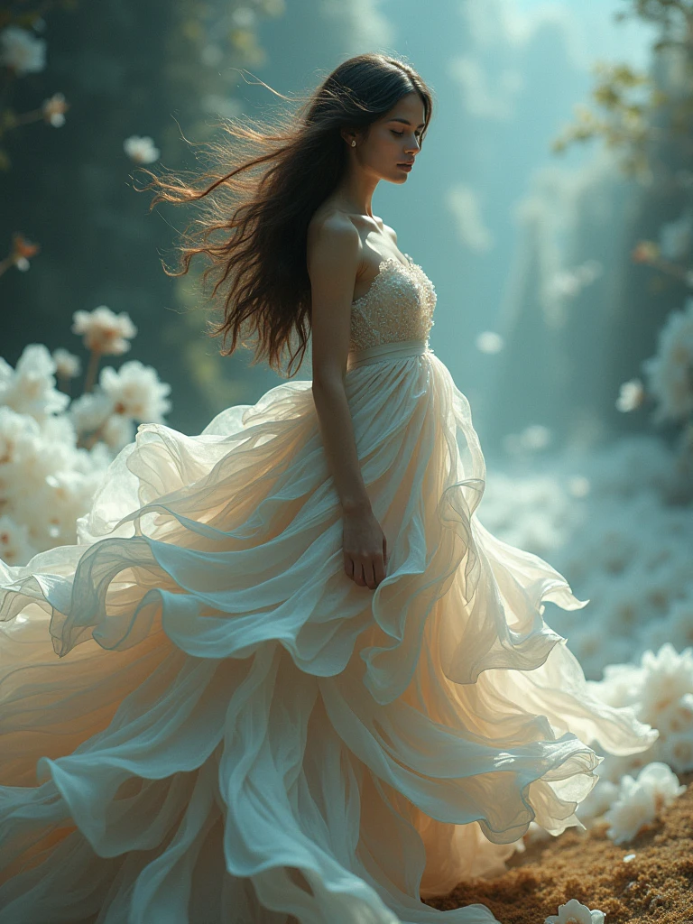 1girl,Petal skirt,A long dress hem resembling smoke,Petal pattern,long hair in the wind,Advanced sense,fashion,
still photography, looping video, mesmerizing movement, captivating visuals, seamless blend, engaging storytelling, Vorticism, angular forms, dynamic movement, bold geometry, fragmented shapes, striking contrasts, modernist influence, nature, history, modern art, amazing, unreal background, art by (Alessio Albi:1.1),
soft lighting, Happy emotions,(close up, face focus), (fractal art) extremely detailed,the most beautiful form of chaos, elegant, a brutalist designed, vivid colours, romanticism,details in the dark,