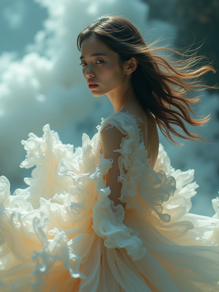 1girl,Petal skirt,A long dress hem resembling smoke,Petal pattern,long hair in the wind,Advanced sense,fashion,
still photography, looping video, mesmerizing movement, captivating visuals, seamless blend, engaging storytelling, Vorticism, angular forms, dynamic movement, bold geometry, fragmented shapes, striking contrasts, modernist influence, nature, history, modern art, amazing, unreal background, art by (Alessio Albi:1.1),
soft lighting, Happy emotions,(close up, face focus), (fractal art) extremely detailed,the most beautiful form of chaos, elegant, a brutalist designed, vivid colours, romanticism,details in the dark,