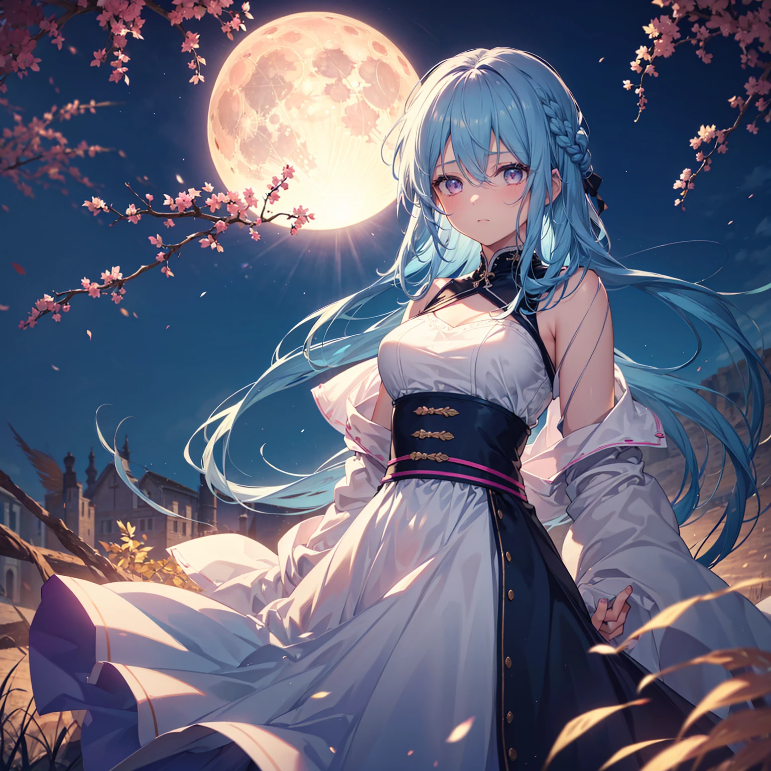 (Braiding),(Sky blue hair), (Pink eyes),(Fair skin)  ,(whole body),(One Girl),(harvest moon),(A large amount of Miscanthus sinensis in the background),autumn,(full moon),(masterpiece, Highest quality, Very detailed, Best Shadow), (Detailed Background), (Beautifully detailed face), High Contrast, (Best lighting, Very delicate and beautiful), ((Cinematic Light)), Hyper Detail,8k, Dramatic Light, Intricate details
