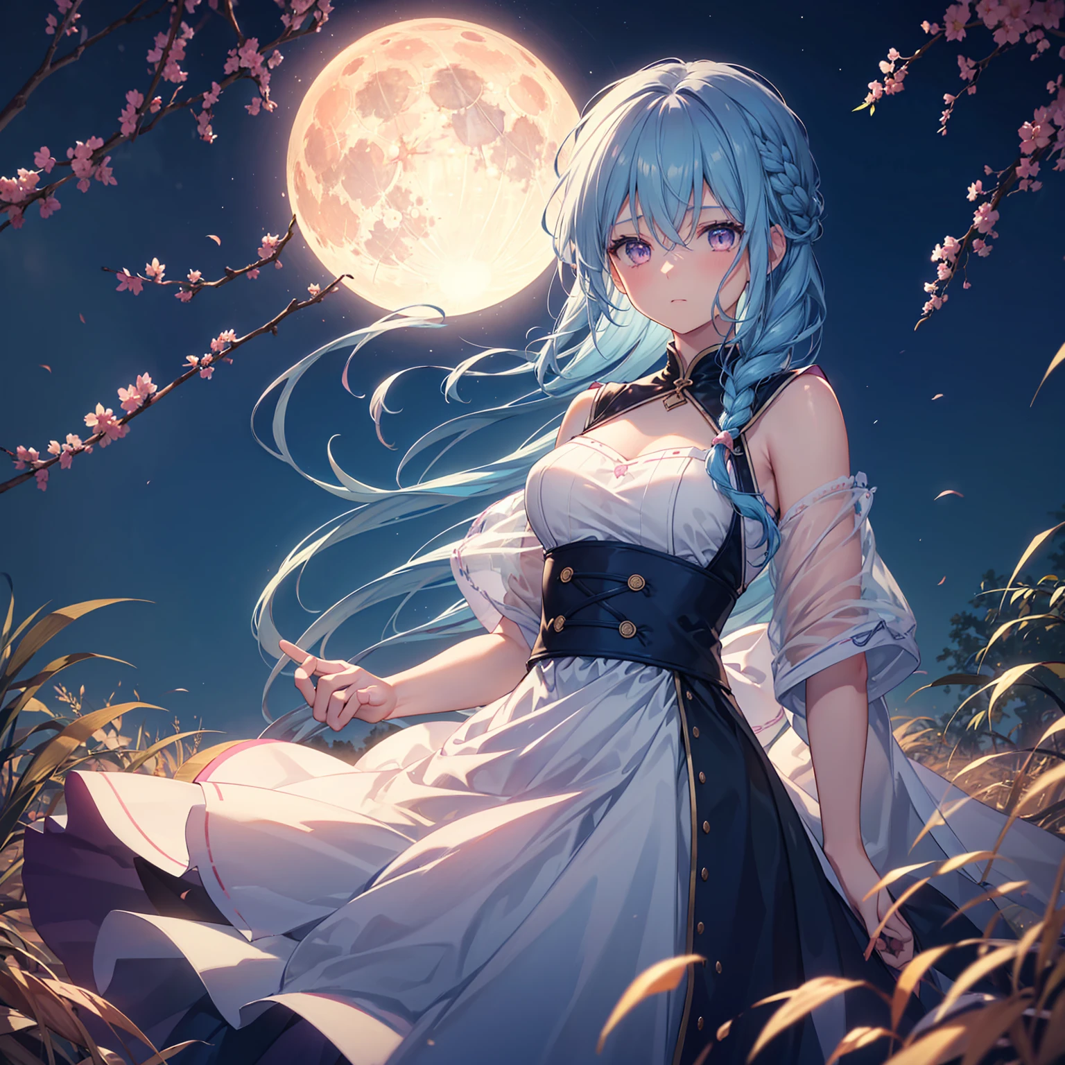 (Braiding),(Sky blue hair), (Pink eyes),(Fair skin)  ,(whole body),(One Girl),(harvest moon),(A large amount of Miscanthus sinensis in the background),autumn,(full moon),(masterpiece, Highest quality, Very detailed, Best Shadow), (Detailed Background), (Beautifully detailed face), High Contrast, (Best lighting, Very delicate and beautiful), ((Cinematic Light)), Hyper Detail,8k, Dramatic Light, Intricate details