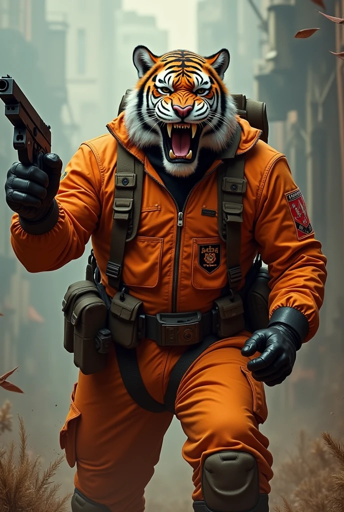 (a dark-skinned fat muscular old man in orange zipper pilot suit) carrying a gun in right hand, (wearing realistic roaring tiger mask), dynamic action pose, fierce expression, showcasing an imposing stature, surrounded by military elements, dramatic shadows and intense highlights, cinematic color tones, high detail, powerful, art influenced by Bruce Onobrakpeya and Stanley Artgerm, ultra-detailed, best quality image, action-packed atmosphere. fighting stance