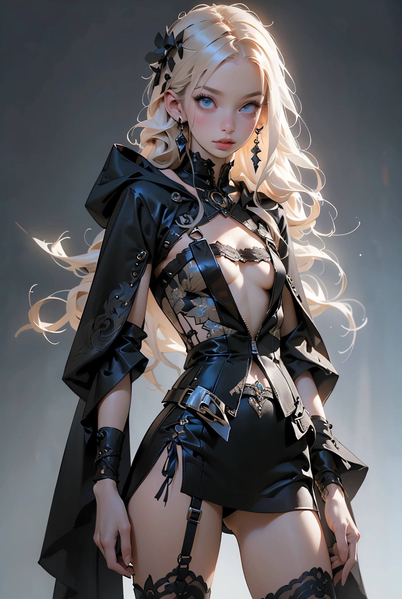 (((masterpiece, of the highest quality, super detailed))), (a witch belonging to an occult order of knights), (a knight crossed with a witch), Victorian era inspired, ((minimal but intricate beautiful armour)), Fluttering lace flared dress with frilly petticoats, ((nier automata meets bloodbourne)), ((((Highly detailed face))), (((Very sharp focused eyes))), very long eyelashes, small breasts, (((flat chest:1.1))), occult aesthetic, (red and white clothing detailed and intricate steampunk and detailed gothic), (with a hood), complex lace boots,