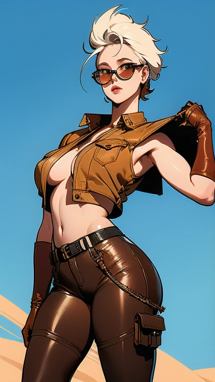 (masterpiece), best quality, expressive eyes, perfect face(masterpiece), best quality, expressive eyes, perfect face, a woman, 25 age,  80s style, short white hair, bronze skin, large breasts, wide hips, brown leather jacket, 
amber eyes, dark aviator glasses, neon city on background, holsters, spike chocker, holster, gun holster, bondage gear, armwear, legwear, black gloves, elbow sleeves, thick thighs, harness,  shirtless, 