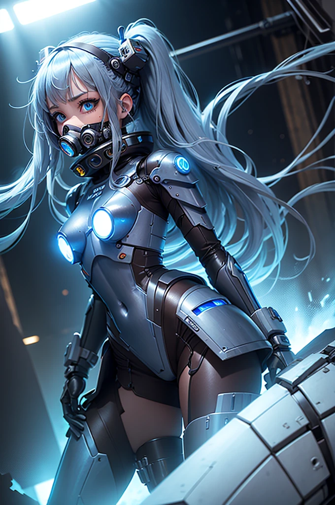 View from below angle from below girl mecha half cyborg, with long blue hair, with blue eyes, almond-shaped epicanthus eyes, with a gas mask on his face, cybernetic suit blue, costume parts with blue lights and LEDs, a multitude of glowing blue lights, hands prosthetics, wide hips, gorgeous figure, short shorts, small breasts but they are covered by a mechanical suit, flat horizon photo, the background of the image is blue lights and glare