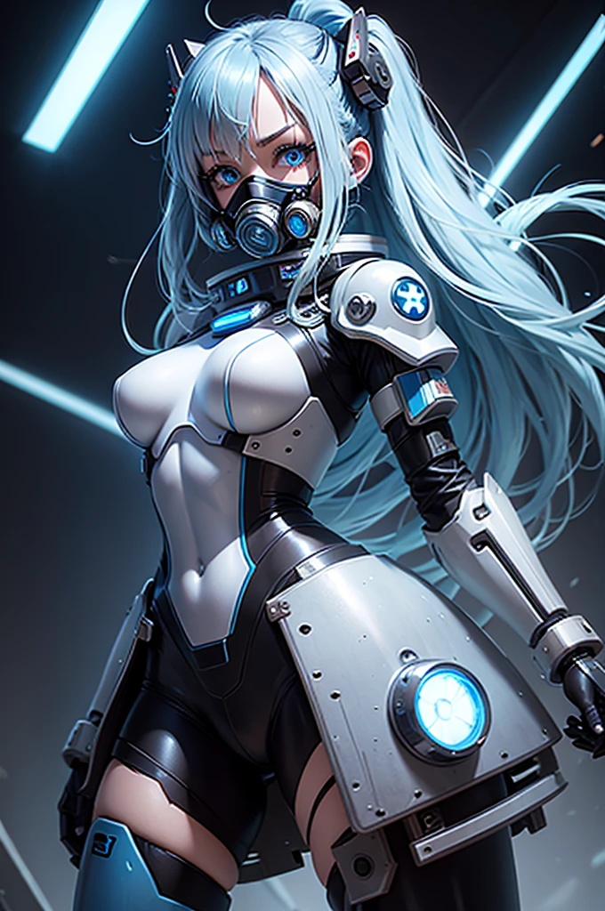 View from below angle from below girl mecha half cyborg, with long blue hair, with blue eyes, almond-shaped epicanthus eyes, with a gas mask on his face, cybernetic suit blue, costume parts with blue lights and LEDs, a multitude of glowing blue lights, hands prosthetics, wide hips, gorgeous figure, short shorts, small breasts but they are covered by a mechanical suit, flat horizon photo, the background of the image is blue lights and glare