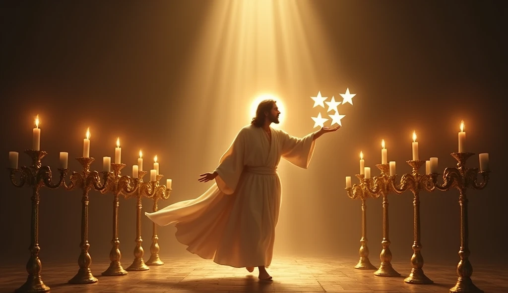 Jesus holding seven stars in his right hand and walking towards seven golden candelabras