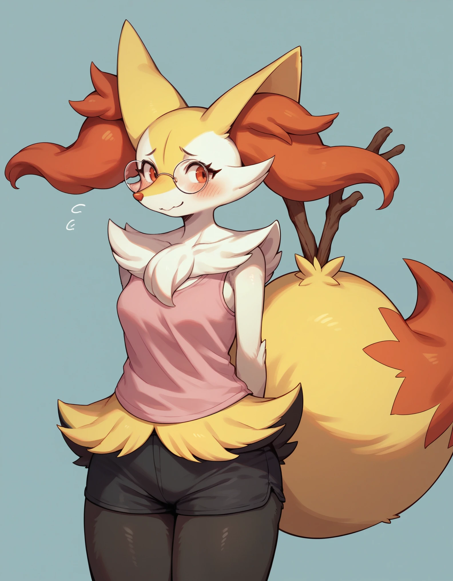 score_9,score_8_up,score_7_up, solo, Anthro, kemono style, braixen Pokemon, female, standing, wearing big round glasses, wearing pink tank top, black spandex short shorts, bashful pose, blushing, nervous smile, hands behind back, looking away, on a school campus 