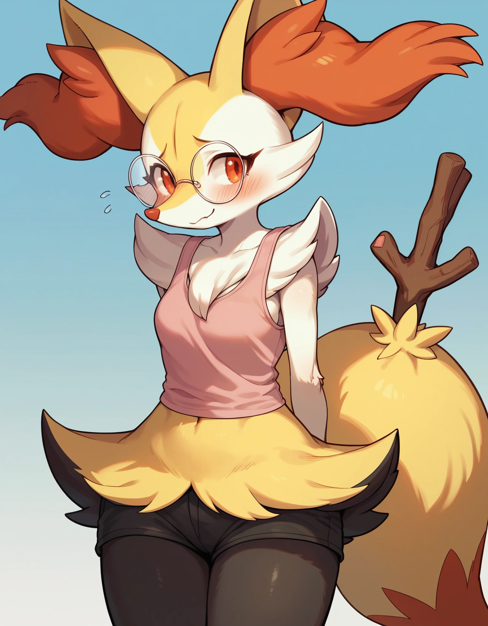 pokemon braixen, adolescente, perfectly done anatomy, whole body, girl, clothes, busto detallado, (Tamaño de busto mediano:2.0) detailed eyes, detailed furry, (his legs are shaking), (medium hips), , lagrimeo, mirando al espectador, bosque, detailed scenery,