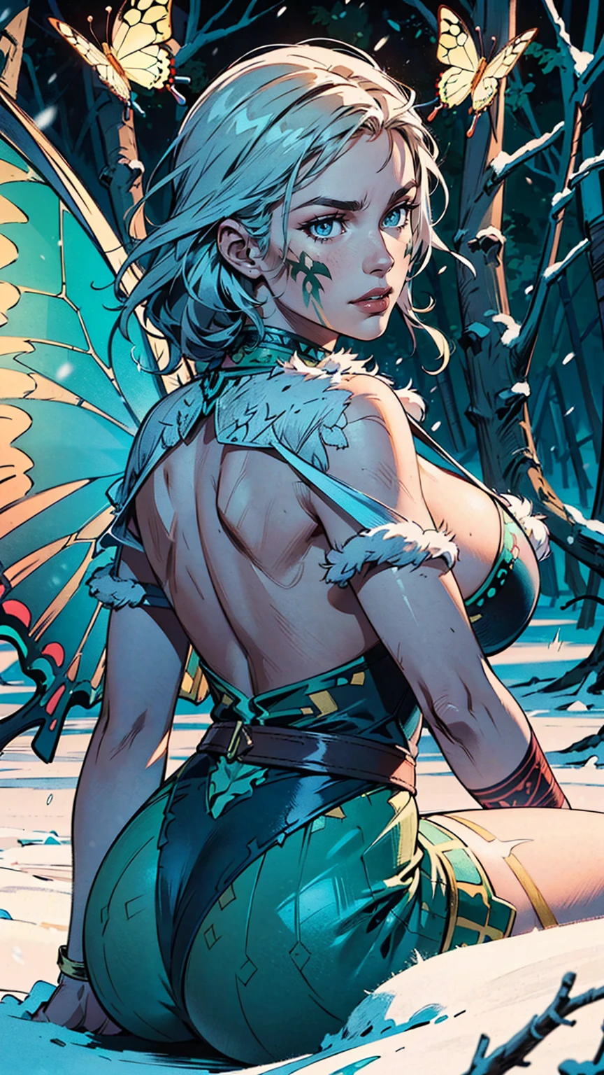 cute oppai elf,(((little mature woman,oppai body,little))),(((50 years old))),((anime elf oppai with extremely cute and beautiful orange hair)), (((elf))), (((elf ears))),
(((Giant Breasted Girl))),((((Bright red hair:1.35,dreadlocks long Bright red hair,red hair,very long hair,long dreadlocks,colored inner hair,ear breathing)))),((Bright red eyes,perfect eyes,upturned eyes:1.3,beautiful detailed eyes,finely detailed beautiful eyes:1,big highlight on eyes:1.2,slanted eyes)),(((lustrous skin:1.5,bright skin: 1.5,skin tanned,shiny skin,very shiny skin,shiny body,plastic glitter skin,exaggerated shiny skin,Reflective skin))),(delicate detailed fingers,detailed body,detailed arms,human hands,(detailed face)),
cute,slutty,erotic,daring,(((nsfw))),
(((very long tribal tunic,revealing clothing,show skin,tribal paint,Butterfly Wings,(sideboob)))),((detailed outfit,detailed clothes)),
(dynamic pose:1.0),solo focus,wisdom, serious face,centered,scale to fit dimensions,Rule of thirds,
twilight,holiday Village Background,winter,snowstorm in background,(pine forest),detailed background:1.25,snow covered,lots of snow, snow,snow forest background,(((Glowing Snowflakes,Glittering Details))),Christmas tree,
(best quality),(high resolution),(sharp focus),(ultra detailed),(extremely detailed),(extremely high quality artwork),8k_wallpaper,(extremely detailed CG 8k),(very fine 8K CG),((hyper super ultra detailed perfect piece)),flawless,(((masterpiece))),illustration,vibrant colors,(intricate),High contrast,Selective lighting,Double exposure,HDR (High Dynamic Range),Post-processing,Background blur,