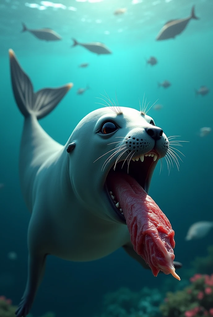 Seal eating half of a meat in the sea
