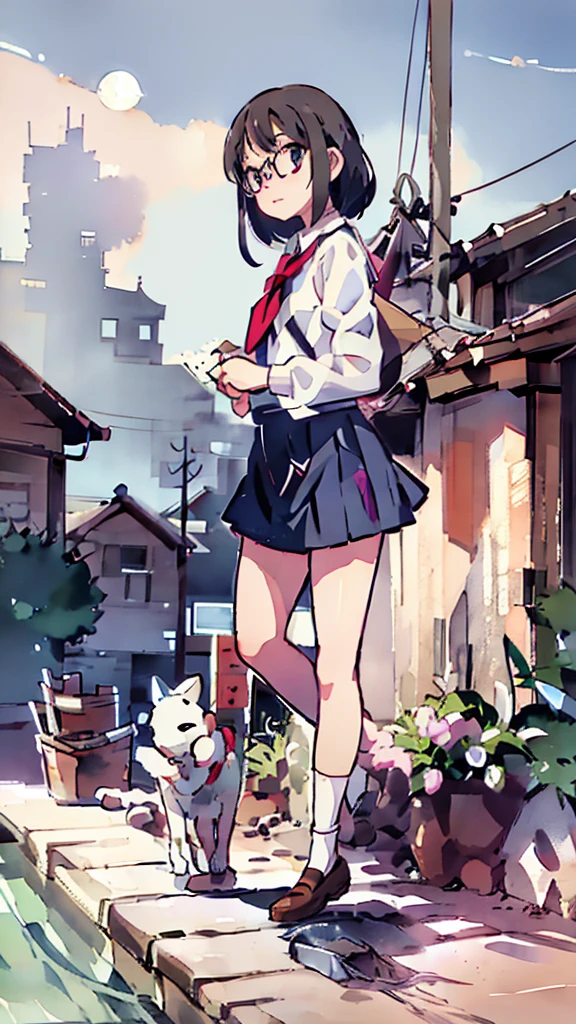 moon，Blue light、Night、a beautiful detailed schoolgirl with short brown hair and red-framed glasses, wearing a white blouse and navy skirt, her white panties visible, navy socks and brown loafers, in a state of arousal and trembling with sexual climax, simple illustration style, in a nichijou (everyday life) setting, (best quality,4k,hdr,masterpiece:1.2),ultra-detailed,(realistic,photorealistic,photo-realistic:1.37),extremely detailed eyes and face,longeyelashes,vivid colors