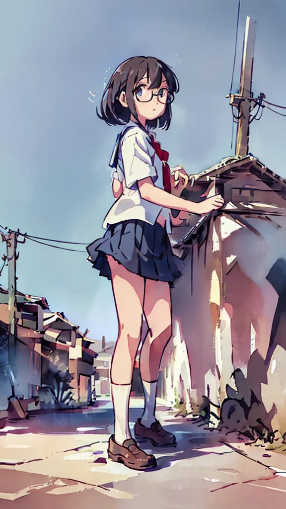 moon，Blue light、Night、a beautiful detailed schoolgirl with short brown hair and red-framed glasses, wearing a white blouse and navy skirt, her white panties visible, navy socks and brown loafers, in a state of arousal and trembling with sexual climax, simple illustration style, in a nichijou (everyday life) setting, (best quality,4k,hdr,masterpiece:1.2),ultra-detailed,(realistic,photorealistic,photo-realistic:1.37),extremely detailed eyes and face,longeyelashes,vivid colors