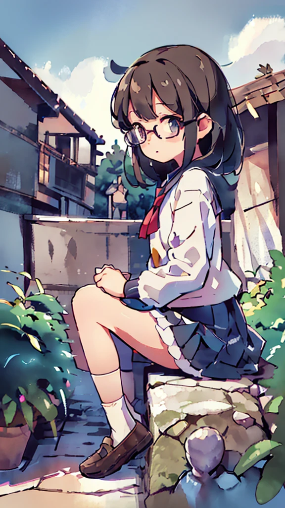 moon，Blue light、Night、a beautiful detailed schoolgirl with short brown hair and red-framed glasses, wearing a white blouse and navy skirt, her white panties visible, navy socks and brown loafers, in a state of arousal and trembling with sexual climax, simple illustration style, in a nichijou (everyday life) setting, (best quality,4k,hdr,masterpiece:1.2),ultra-detailed,(realistic,photorealistic,photo-realistic:1.37),extremely detailed eyes and face,longeyelashes,vivid colors