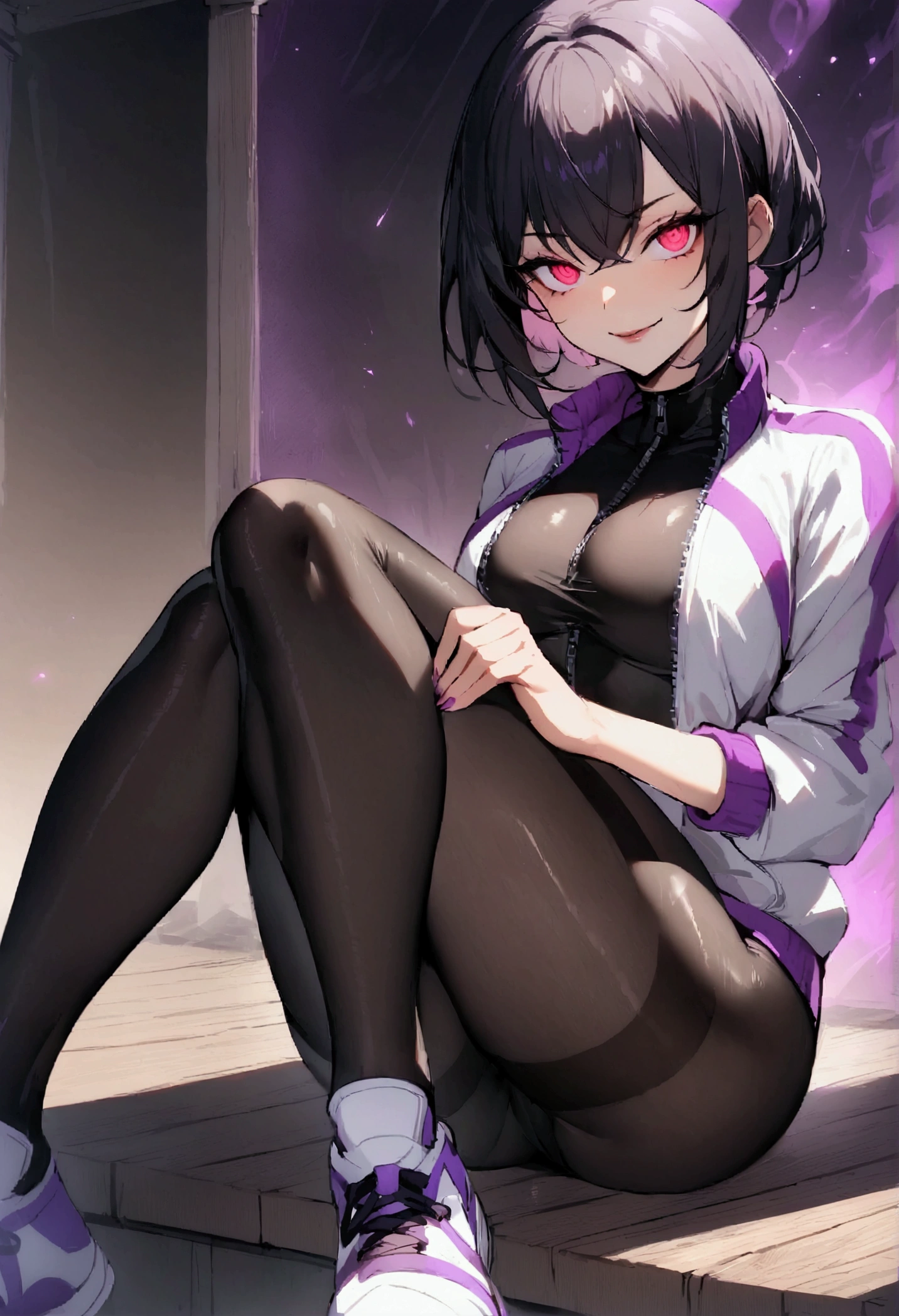beautiful young fitness woman with , in a gym wearing May with black pantyhose, tight white and purple gym jacket. standing alone,red eyes glowing,Evil smile,legging preto ,labiaa,dark eye shadow,shining eyes,hands between legs,neckleace,jacket zipper half open,Tight black shirt,white sports tennis shoes,short hair with purple details,beautiful curves,whole body,hair with purple details,labiaa,detailed face and eyes,work of art,sitting,cross legs,sexy look
