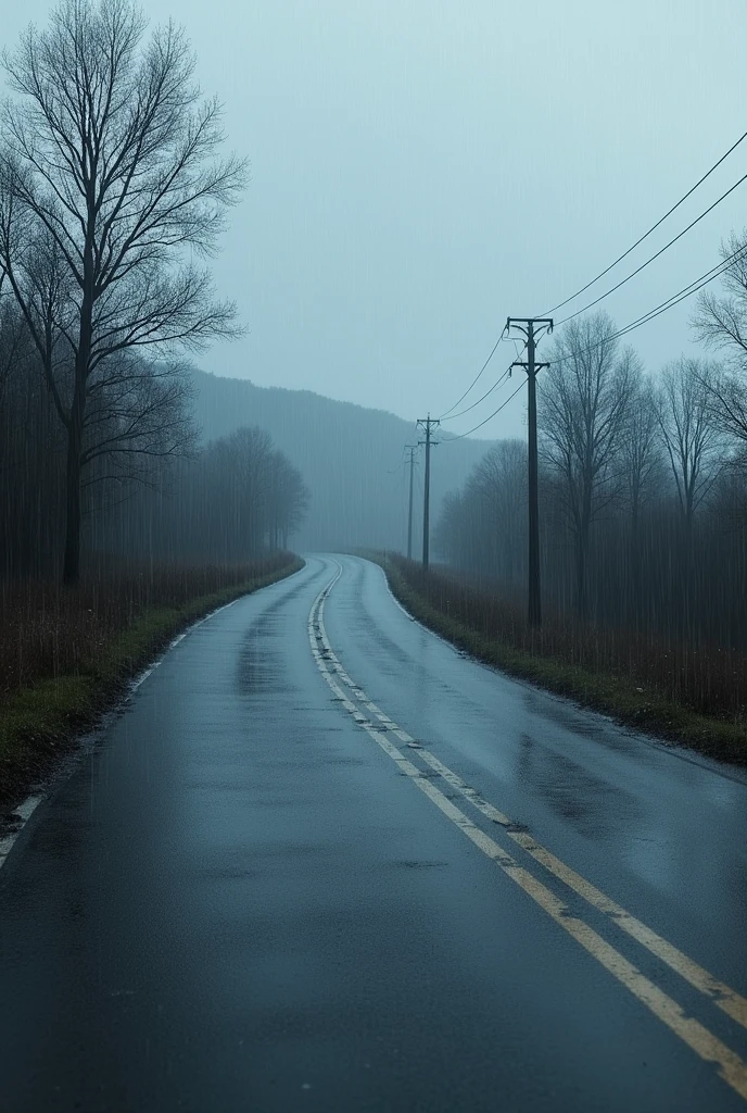 Draw the rain and on a road where there is no one
