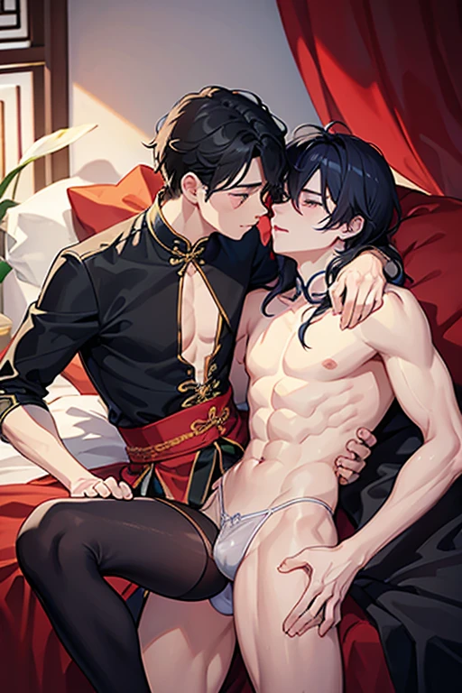 (Situation)Two men, mutual love, young men, BL, homosexual, sex between men, two men lying on a bed, facing each other, kissing while looking at each other, dark room at night, Chinese style
(Common appearance) A man dressed as a woman, a slender man, a man in Chinese-style sexy lingerie with see-through fabric, a man in a Chinese dress with see-through fabric, women's clothing, elbow-length gloves with see-through fabric, see-through socks, nipples showing through thin fabric, pectoral muscles, bulging crotch, penis visible, erect penis
(1st person) A boy around , black hair, purple eyes, ecstatic expression, shyness, feeling good, chest muscles, rubbing crotch
(Second Person) A man in his 20s, silver hair, green eyes, ecstatic expression, shyness, feeling good, chest muscles, rubbing his crotch