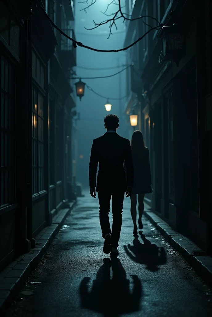 A young dashing  man  walking in city street , dark theme , narrow street  ,  woman following him secretly 