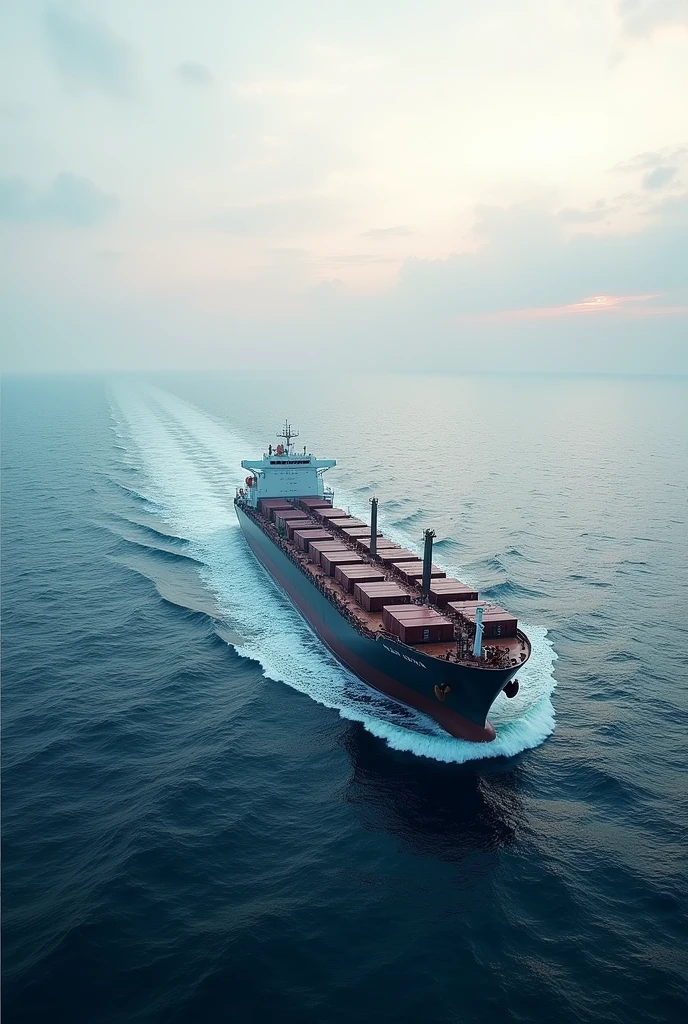 Landscape picture and above view of a cargo ship in the sea while having a big text in the middle "Ship operations and management"