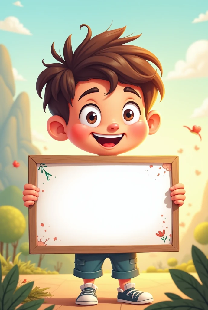 AI cartoon type boy with , holding a white board