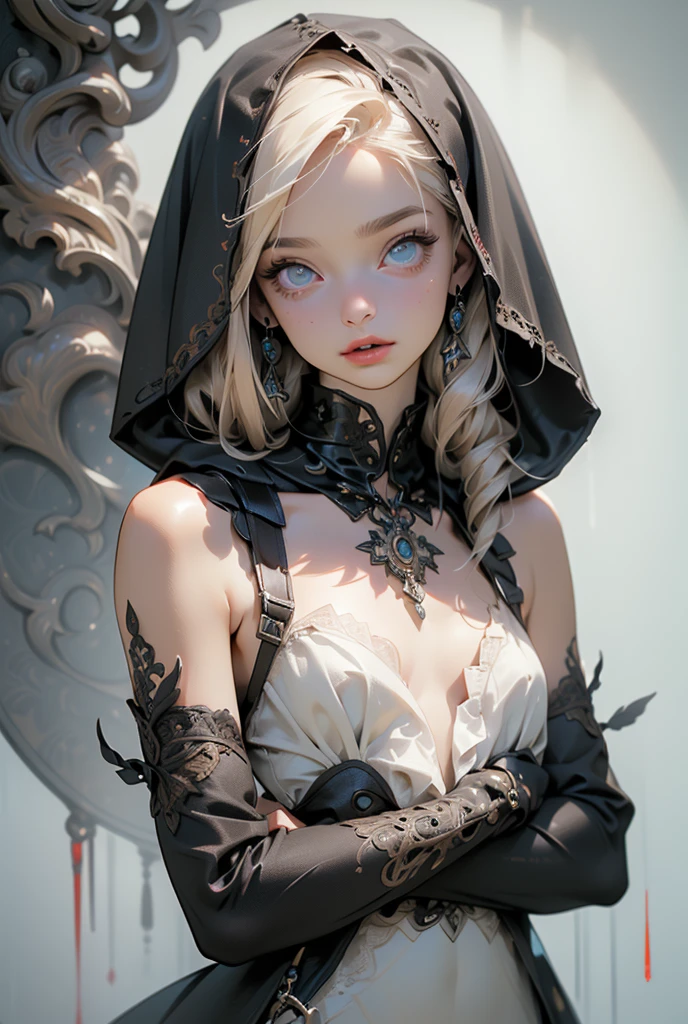 (((masterpiece, of the highest quality, super detailed))), (a witch belonging to an occult order of knights), (a knight crossed with a witch), Victorian era inspired, ((minimal but intricate beautiful armour)), Fluttering lace flared dress with frilly petticoats, ((nier automata meets bloodbourne)), ((((Highly detailed face))), (((Very sharp focused eyes))), very long eyelashes, small breasts, (((flat chest:1.1))), occult aesthetic, (red and white clothing detailed and intricate steampunk and detailed gothic), (with a hood), complex lace boots,