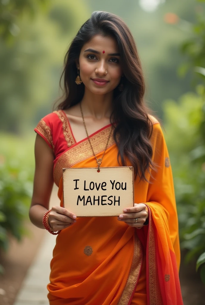 A BEAUTIFUL GIRL WITH SAREE AND HOLD THE BOARD AND WRITING WITH I LOVE YOU MAHESH 