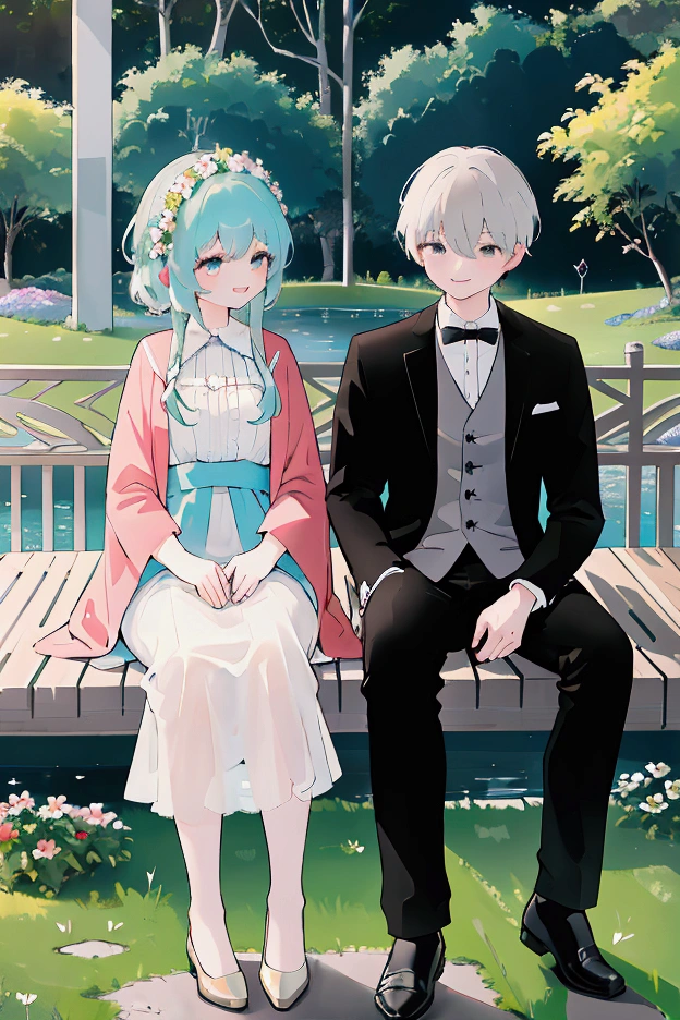 ((Best quality, A high resolution, Masterpiece:1.2)), (Romantic), (couple:1) ,(Clear facial features), (happy smile), A female wearing a flower crown from behind to the head of a man sitting in front of her, The man raised his head to look at the female while laughing, sit on the grass, flower, flower crown, smile, laugh, romantic atmosphere, Romantic couple.