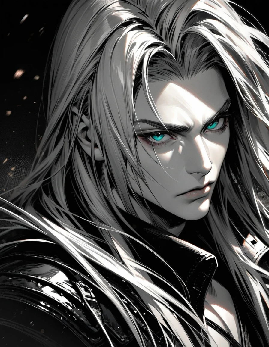 Ultra detailed, Highres, absurdres, HDR, Sephiroth, silver hair, Final Fantasy VII Remake, handsome, 1 man only, monochrome , serious, portrait, full body