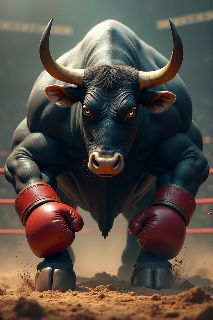 A massive, muscular bull with a shiny, black fur and a broad neck, which is supported by enormous muscles. Its broad horns give it an even more impressive appearance. The bull wears robust, dark red boxing gloves on his powerful front legs. He scratches one leg on the ground, his eyes sparkle with fighting spirit, and he is ready, to use his sheer power in the ring.