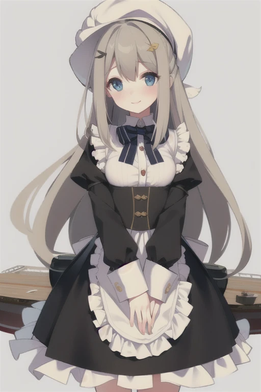 lexington \(warship girls r\),((Best quality))), ((Ultra-detailed)), ((illustration)), ((Disheveled hair)), ((frilld)), (1 girl), (Solo),,1girl, closed_mouth, looking_at_viewer, solo, rating:safe, arms_behind_back, bangs, black_bow, blush, bow, clothing, dress, eyebrows_visible_through_hair, female, female_only, fur_hat, hair_flaps, hat, head_tilt, headwear, long_hair, long_sleeves, sidelocks, smile, very_long_hair, flaxen long hair(delicate hair),blue eyes(delicate eyes),