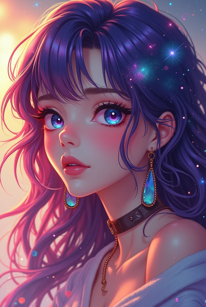 Close-up of a woman with colorful hair and necklace, anime girl with cosmic hair, soft vitality of Rossdraws, artwork in Guvez style, fantasy art style, colorful], vibrant fantasy style, Rossdraws cartoon full of vitality, universe and colorful, Guweiz, colorful digital fantasy art, stunning art style, beautiful anime style, white skin, Hulk clothes