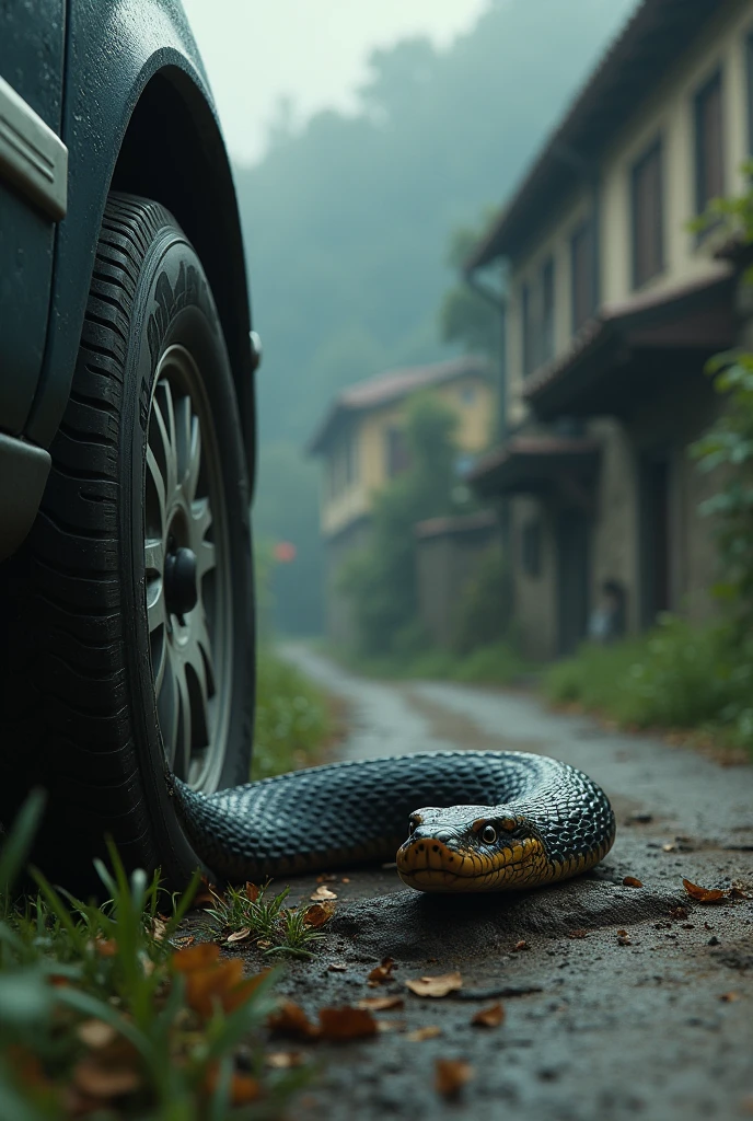 In the village, a snake has been crushed under a car tire and is crying.