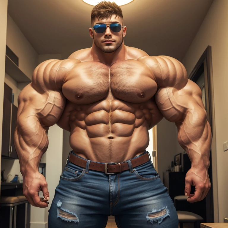 a very handsome young man, white skin, sunglasses, shirtless wearing jeans, exaggeratedly huge body, exaggeratedly muscular, exaggeratedly huge muscles, exaggeratedly huge arms and biceps, seen from the front, standing in an apartment