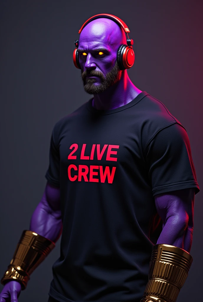 a ripped muscular man in a black shirt that says "2 live crew", purple skin, intense glowing eyes, wearing a gold gauntlet, futuristic cyberpunk style, dark moody lighting, cinematic angle, digital art, highly detailed, octane render, 8k, photorealistic, wearing red head phones