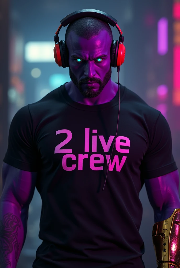 a ripped muscular man in a black shirt that says "2 live crew", purple skin, intense glowing eyes, wearing a gold gauntlet, futuristic cyberpunk style, dark moody lighting, cinematic angle, digital art, highly detailed, octane render, 8k, photorealistic, wearing red head phones