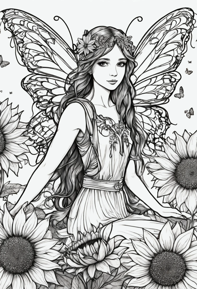 A delicate fairy with butterfly wings resting on a giant sunflower, clean line art, white background, colouring page, clean outline, sketch style, floral frame, decorative panel, abstract ,sketch, character lines and scenes without colors and shadows. (Masterpiece, Best Quality, Highres:1.4), Detailed, Intricate Details, 4K, color splashes, line art