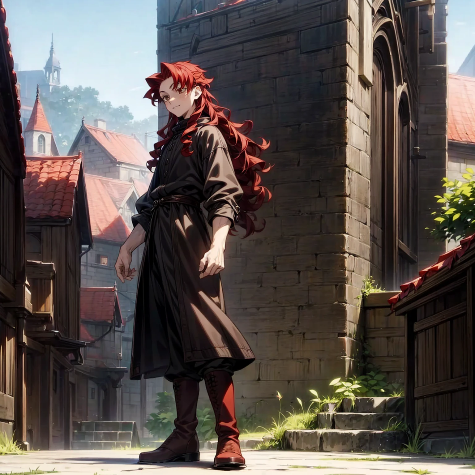 Solo character, full body version, young man, muscle, tall height, brown eyes, red color hair, long curly hair, casual clothing, black color clothing, boots, outdoor, village, medieval, morning, detailed background, detailed clothing, detailed hair, happy, (Hunter x Hunter style art), standing gesture 