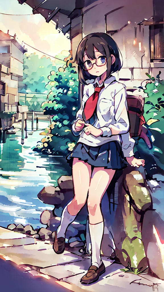 moon,Blue light、Night、sea、sky、a beautiful detailed schoolgirl with short brown hair and red-framed glasses, wearing a white blouse and navy skirt, her white panties visible, navy socks and brown loafers, in a state of arousal and trembling with sexual climax, simple illustration style, in a nichijou (everyday life) setting, (best quality,4k,hdr,masterpiece:1.2),ultra-detailed,(realistic,photorealistic,photo-realistic:1.37),extremely detailed eyes and face,longeyelashes,vivid colors